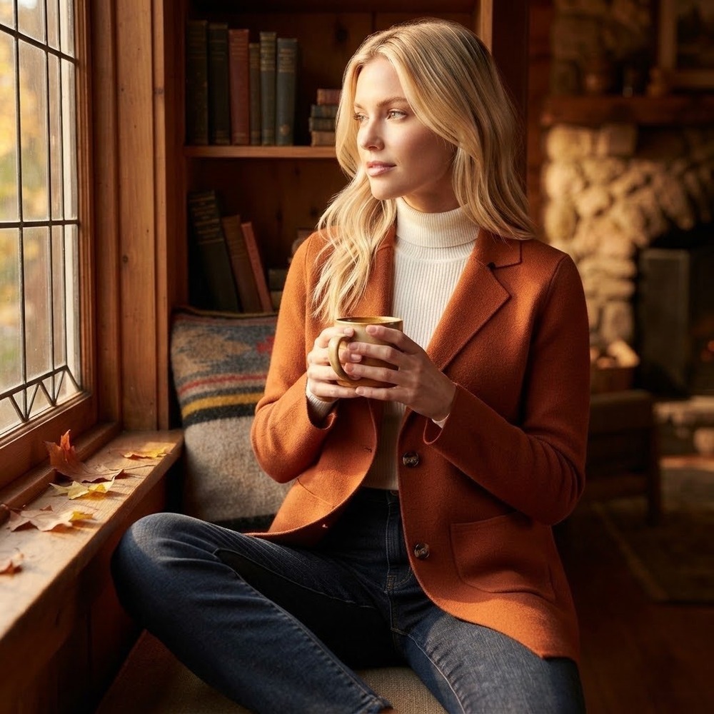 MEROKEETY Knit Blazer Cardigan Women Small Burnt Orange Wool Blend Longline cozy
